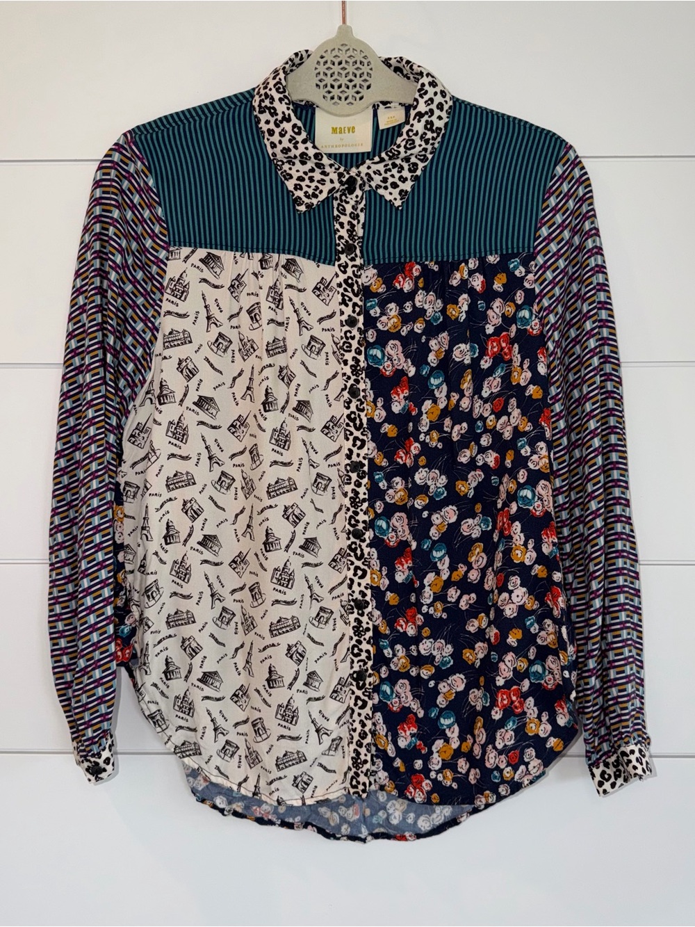 Maeve Anthropologie The Paz Mixed Print Blouse Paris Floral Patchwork XSP EUC